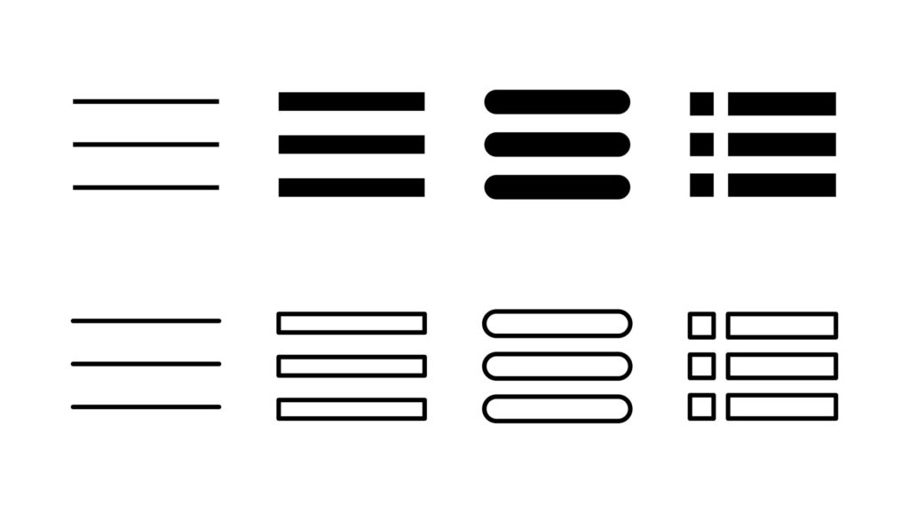 Digital menu icons of 3 bars representing a hamburger menu Icons and subweb menu icons. 