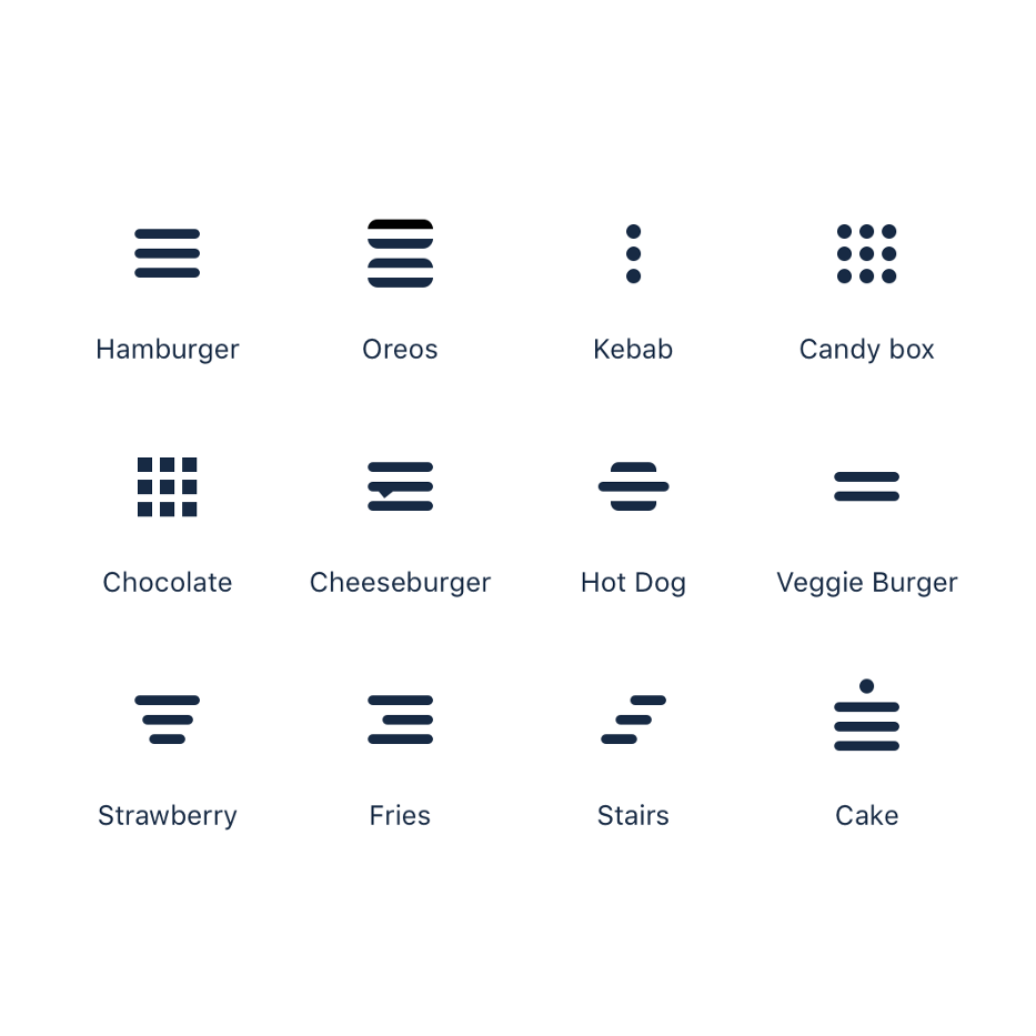 Image of web menu icons, three rows and four columns each. The menu icons are called, Hamburger, Oreos, Kebab, Candy box, Chocolate, Cheeseburger, Hotdog, Veggie Burger, Strawberry, Fries, Stairs, and Cake.