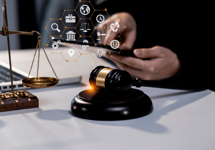 A judge holding a tablet next to a gavel with a digital design hovering 'Legal issues for accessibility overlays'.