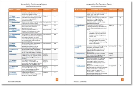 Sample of 2-pages of an ACR, or Accessibility Conformance Report from Accessiblu and New Possibilities Group.