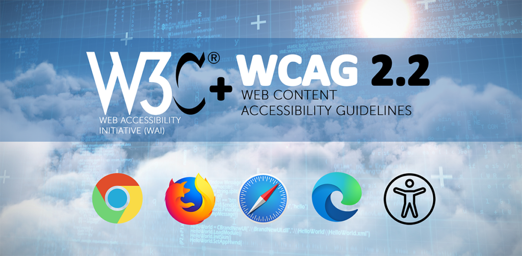W3C Web Consortium logo and WCAG 2.2 Web Content Accessibility Guidelines text and Chrome, Firefox, Safari, Edge, and Accessibility logos lined up.