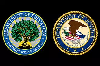 Seal of the U.S. Department of Justice (blue circle around the tree of knowledge) and the seal for the Department of Justice. An eagle on a shield holding an olive branch and arrows.
