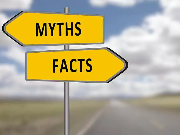 Sign post with one yellow sign with the word "myth" and another with the word "Facts." A road leading into the distance with blue sky and clouds is in the background.