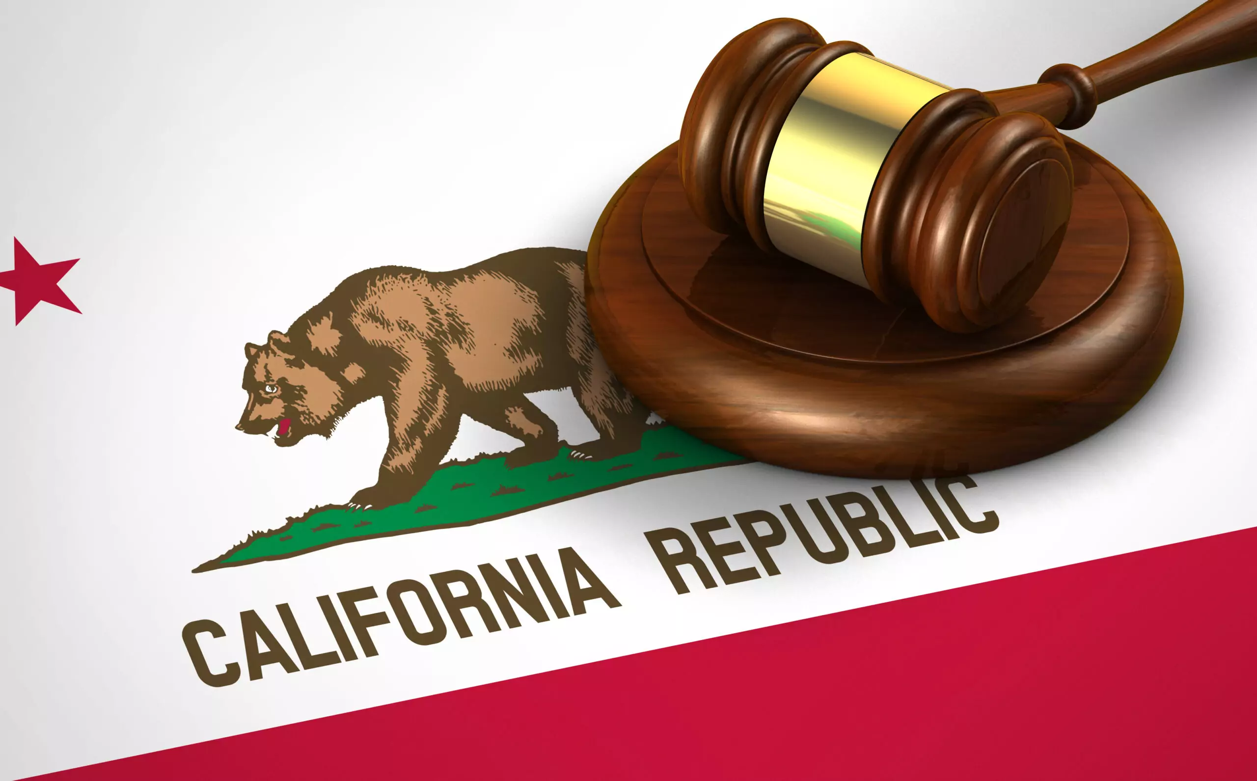 California flag; White and red with an image of a brown bear walking over the words "California Republic." A red star in the upper left and a wooden gavel is placed on the flag.