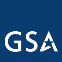 Blue box with white letters GSA. The A has a blue star shape inside of it.