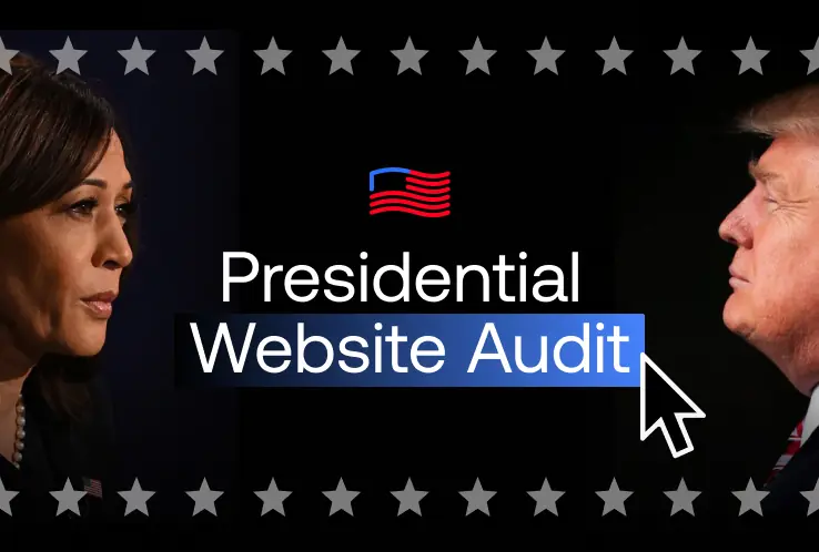 Headshot of Kamala Harris on the left faces a headshot of Donald Trump on the right over a black background. An American flag and the words Presidential Website Audit are in the middle. A banner of white stars spans across the top and bottom.