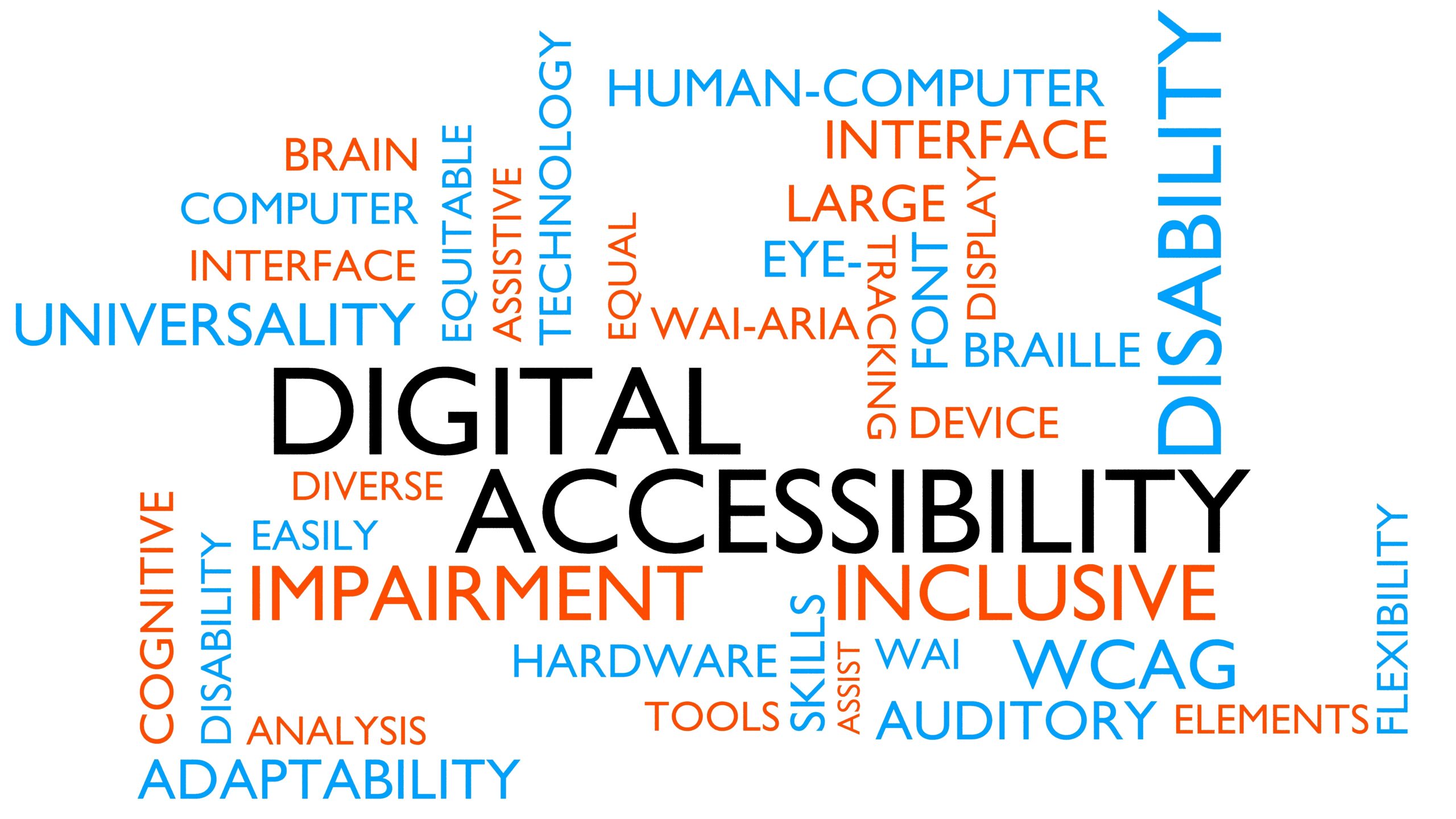 Word cloud on a white background. The word Digital Accessibility is in the center in black font. Words related to accessibility surround it in orange and blue-green fonts. Words include; Disability, WCAG, Inclusive, Interface, and adaptability.