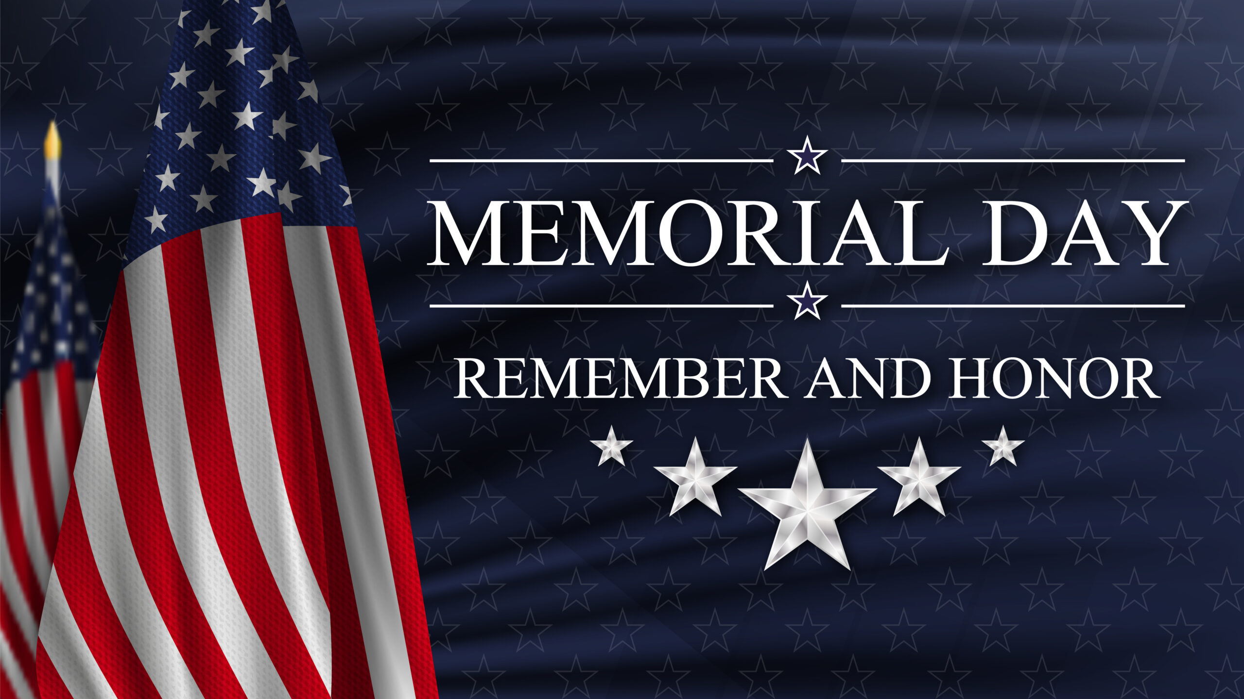 Memorial Day tribute banner with American flag on left side against dark blue background with embossed stars. White text reads "MEMORIAL DAY" and "REMEMBER AND HONOR" with decorative stars.