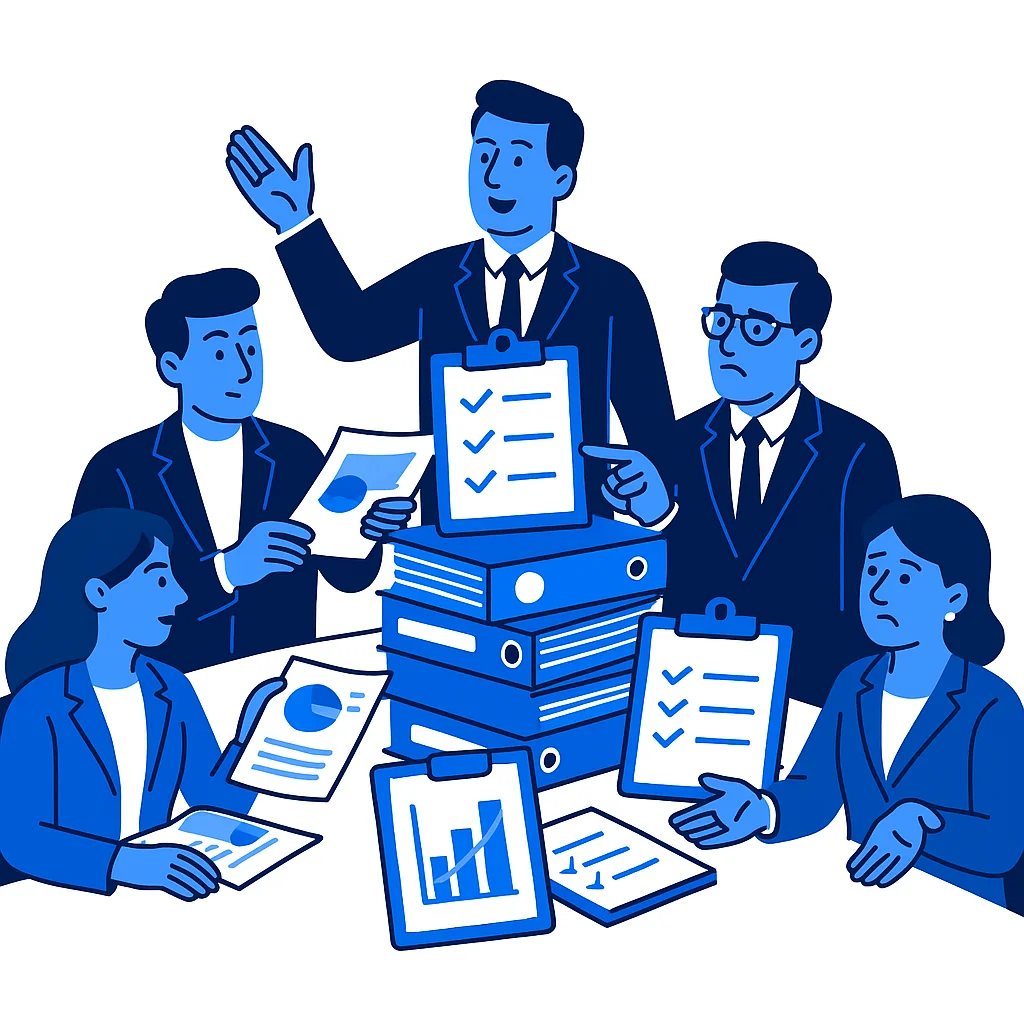 Animated business people in blue sitting at a table looking at stacks of reports. They are all confused while one salesperson talks.