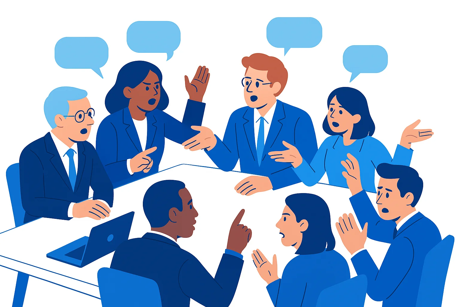 Animated drawing of seven business people sitting around a table all talking at the same time.