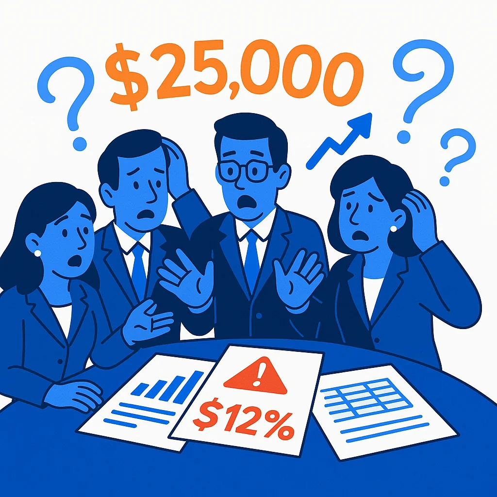 Animation of four blue business people standing at a table with shock as they look down at reports. Above their heads are blue question marks and $25,000 in large orange numbers.