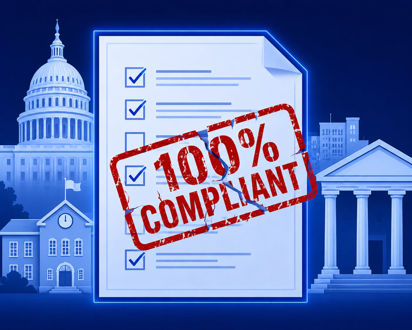 Illustration of a government compliance document centered on a dark navy background. A large red “100% COMPLIANT” rubber stamp is placed diagonally across the document, but the stamp is visibly cracked and broken, suggesting the compliance claim is unreliable. The document contains a checklist with multiple checkboxes, some checked and others unchecked. Behind the document are light blue silhouettes of a capitol building, a school, and a courthouse, representing public-sector institutions. Electric blue highlights and a soft glow outline the document, creating a serious, authoritative atmosphere.