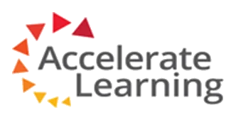 Accelerate Learning. Geometric triangular shapes in red and orange gradient forming an arrow-like pattern pointing right, with "Accelerate Learning" text in gray.