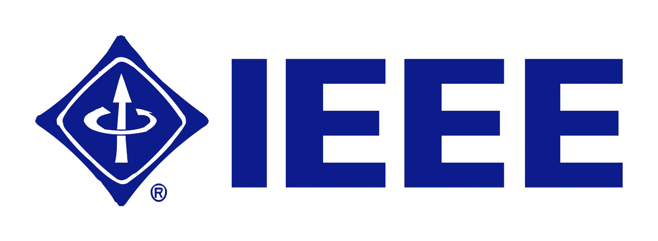 IEEE. Blue diamond-shaped symbol containing geometric elements, followed by "IEEE" text in matching blue color.