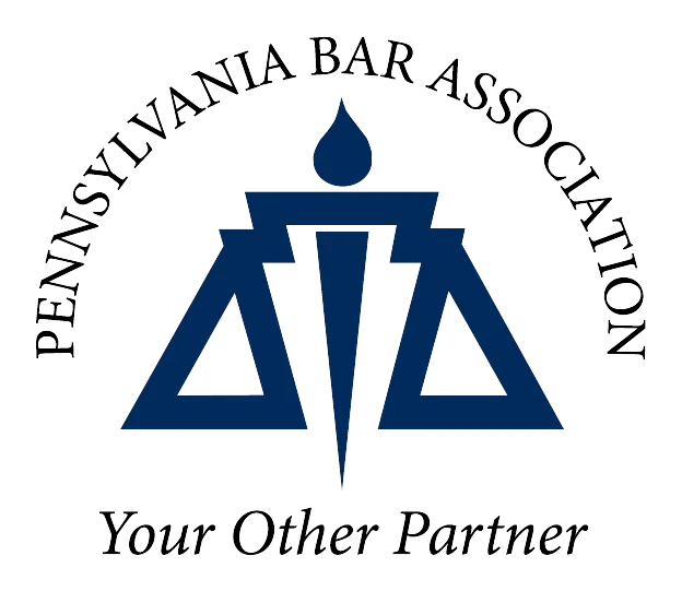Pennsylvania Bar Association. Official circular seal featuring scales of justice symbol in navy blue with "PENNSYLVANIA BAR ASSOCIATION" text curved around the perimeter and "Your Other Partner" tagline below.