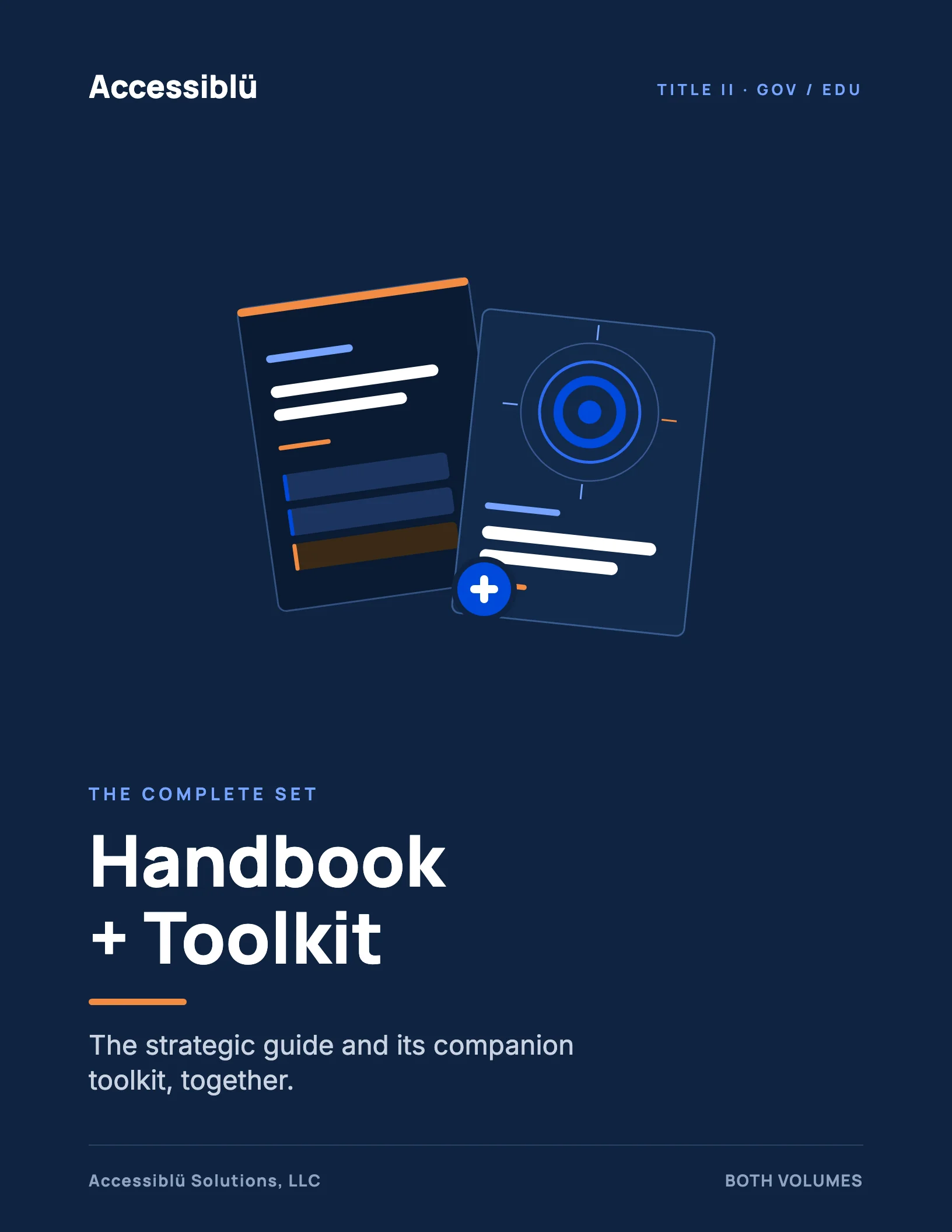 Two book covers overlapping on a dark navy field, joined by a blue plus sign: the ADA Title II Digital Compliance Handbook and its Companion Toolkit, sold together.