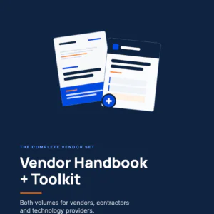 Two book covers overlapping on a dark navy field, joined by a blue plus sign: the ADA Title II Vendor Handbook and its companion RFP response Toolkit, sold together.
