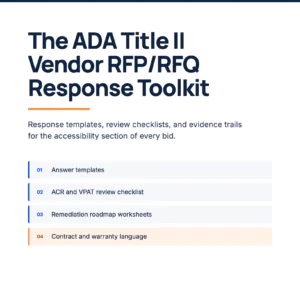 White book cover with a dark navy header bar, titled The ADA Title II Vendor RFP/RFQ Response Toolkit, listing answer templates, ACR and VPAT review checklist, remediation roadmap worksheets, and contract and warranty language.