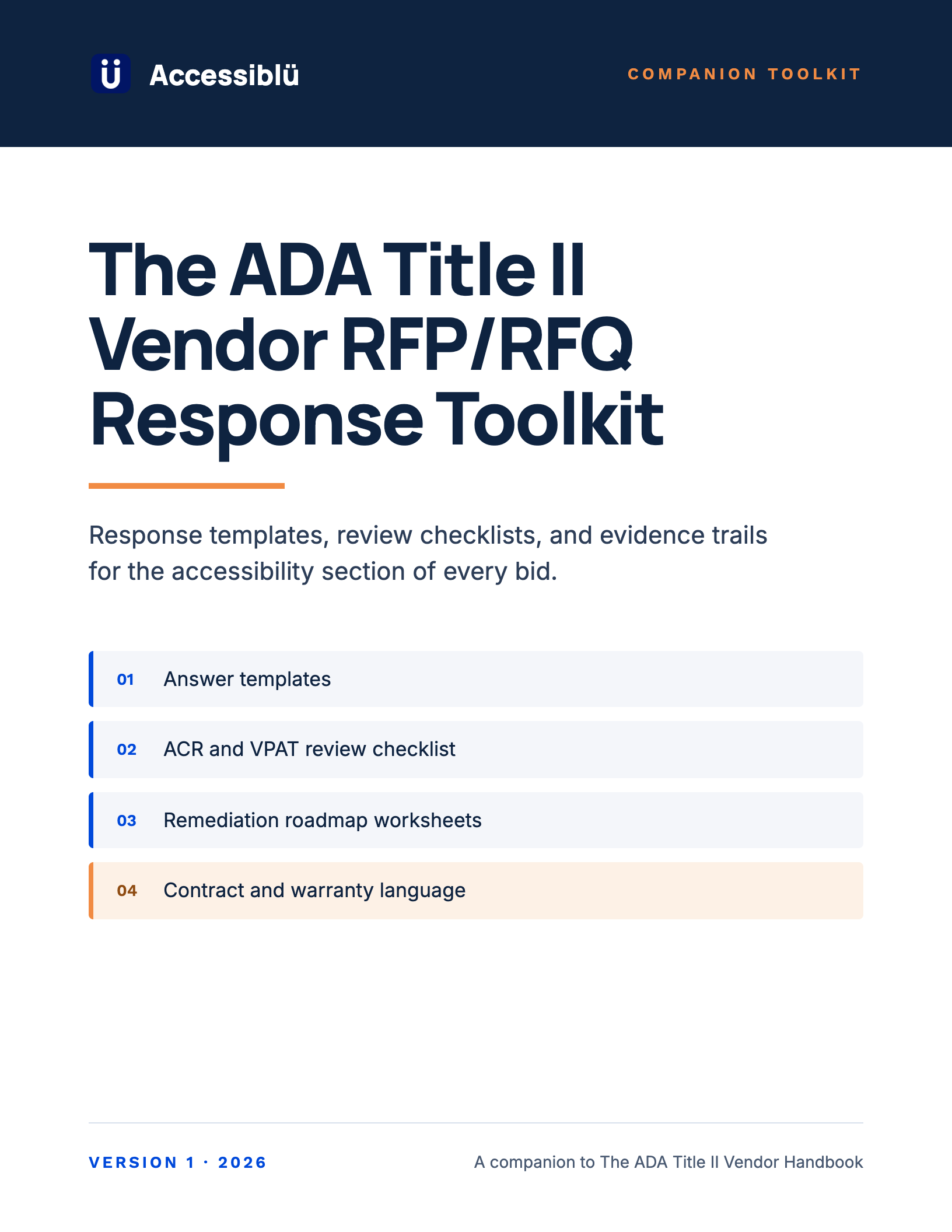 White book cover with a dark navy header bar, titled The ADA Title II Vendor RFP/RFQ Response Toolkit, listing answer templates, ACR and VPAT review checklist, remediation roadmap worksheets, and contract and warranty language.