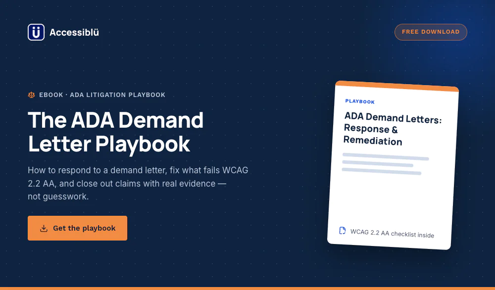 Navy marketing card for Accessiblü's 'The ADA Demand Letter Playbook' eBook, with a white title, orange download button, and a mock playbook cover featuring a WCAG 2.2 AA checklist callout.