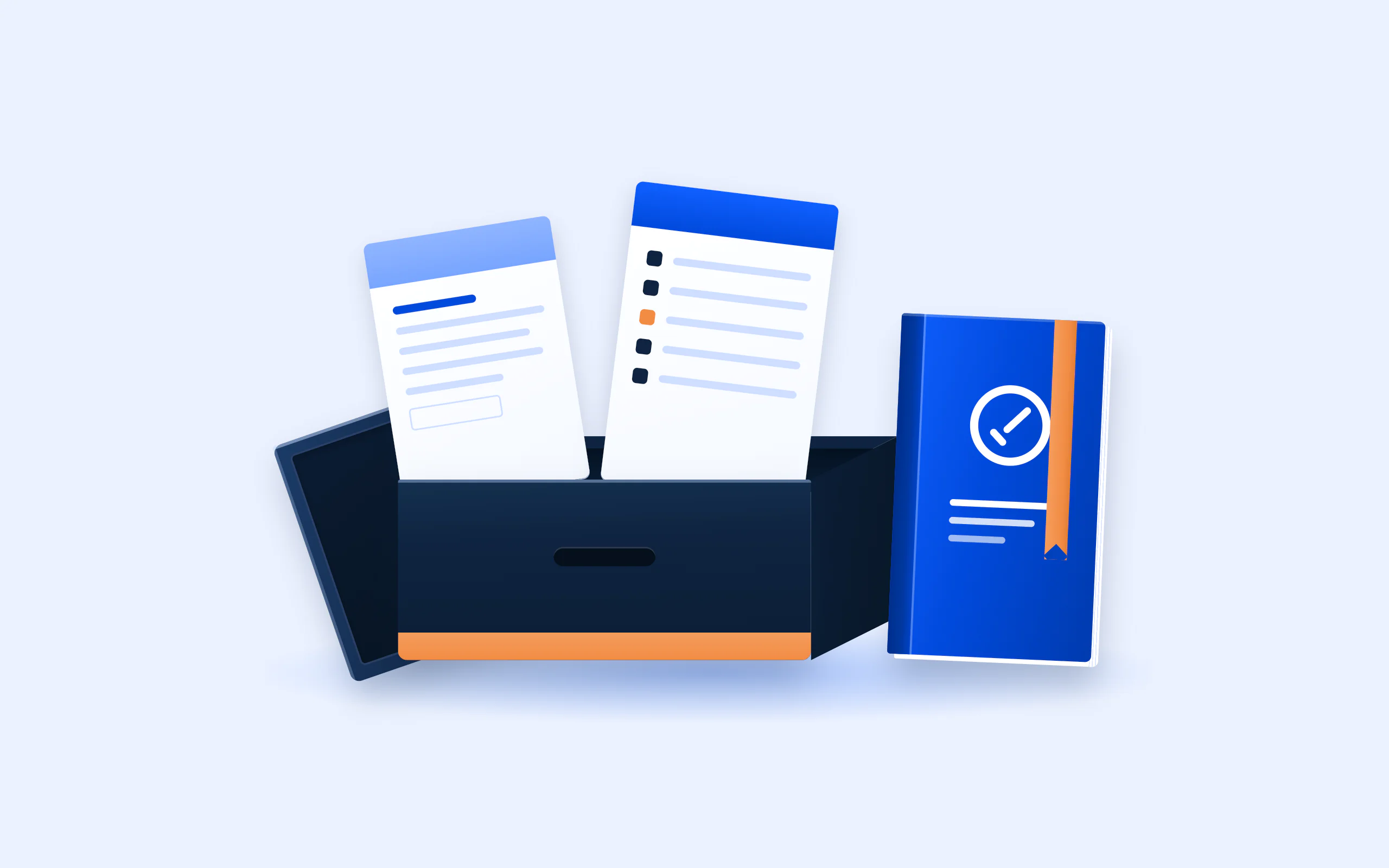 Illustration of an open box with two checklist documents rising out of it, beside a handbook marked with a check emblem.