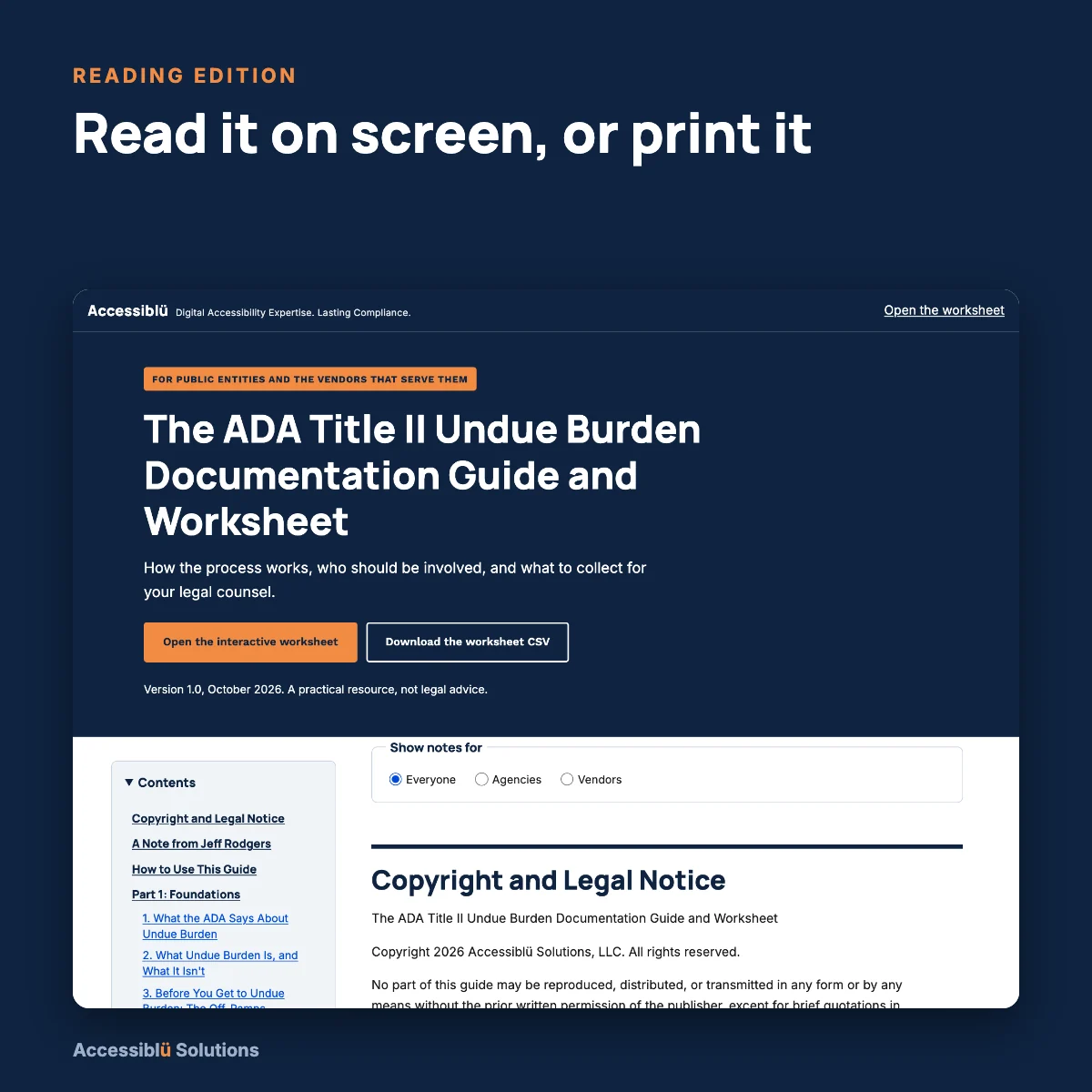 Screenshot of the Undue Burden Guide web edition: the title, a link to open the interactive worksheet, and a contents list of the guide.