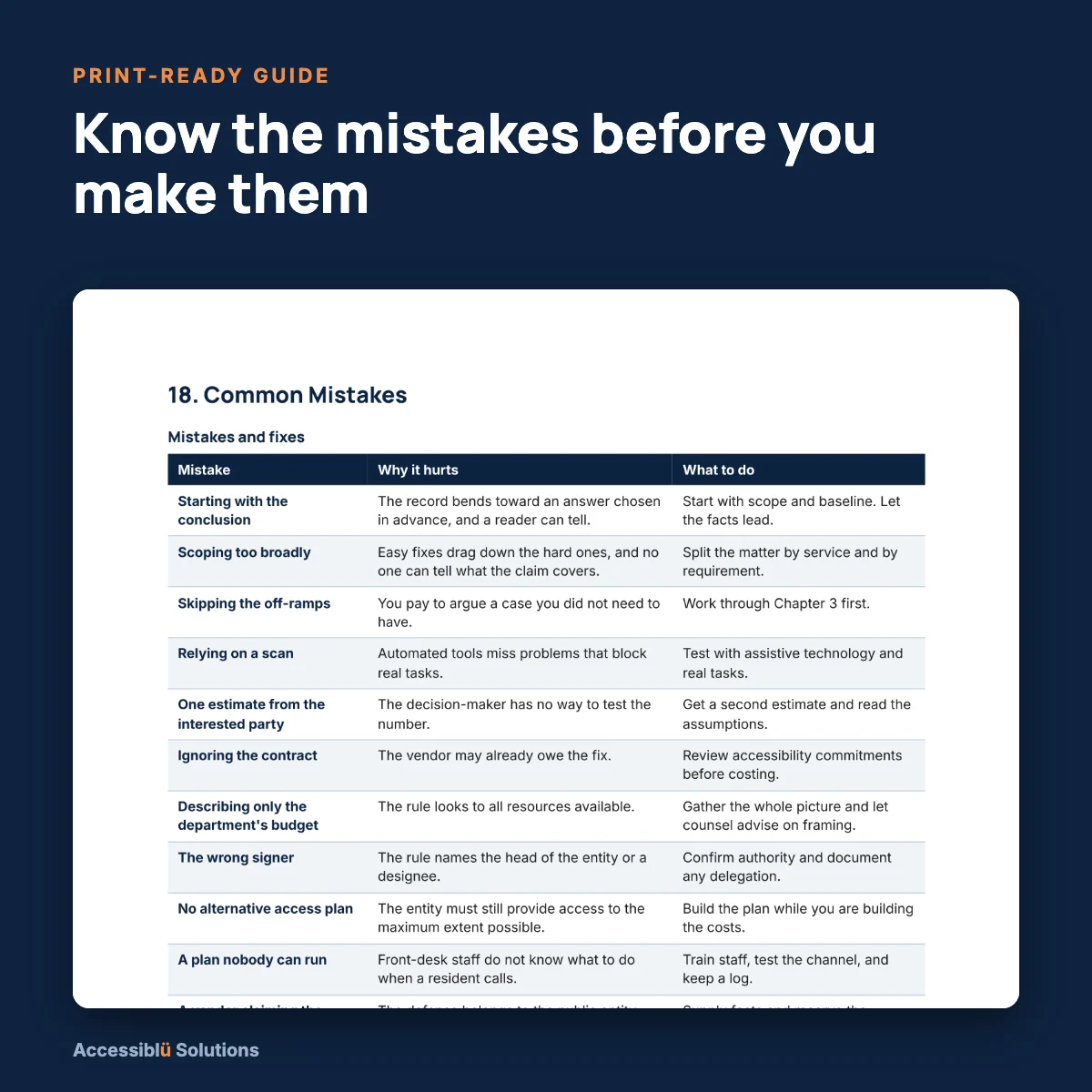 Page from the Undue Burden Guide PDF: a Common Mistakes table with why each one hurts and what to do instead.