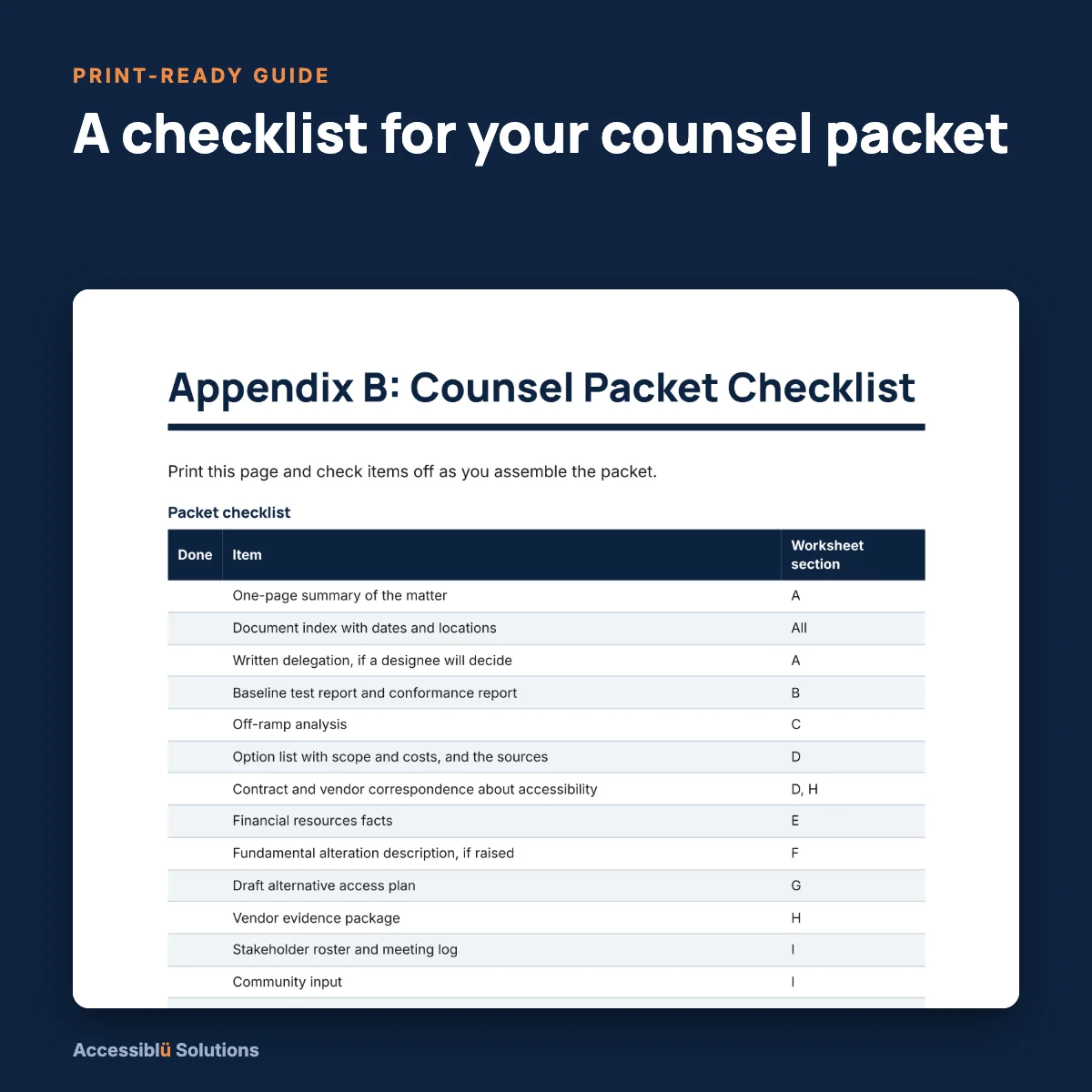 Page from the Undue Burden Guide PDF: Appendix B, the Counsel Packet Checklist, with a tick box for each document to assemble.