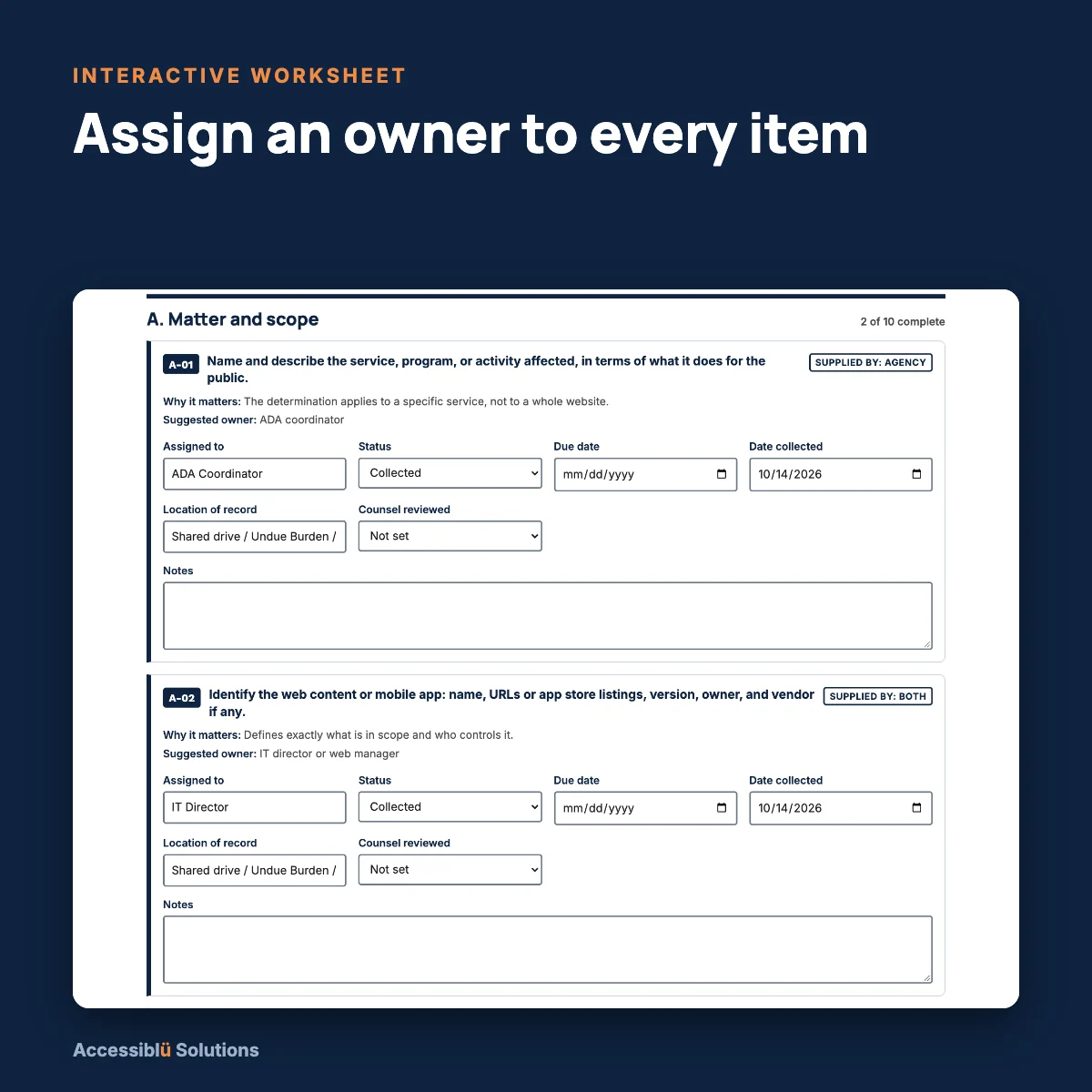Screenshot of the interactive Undue Burden worksheet showing items A-01 and A-02 with an owner, status, due date and location of record filled in, each marked Collected.