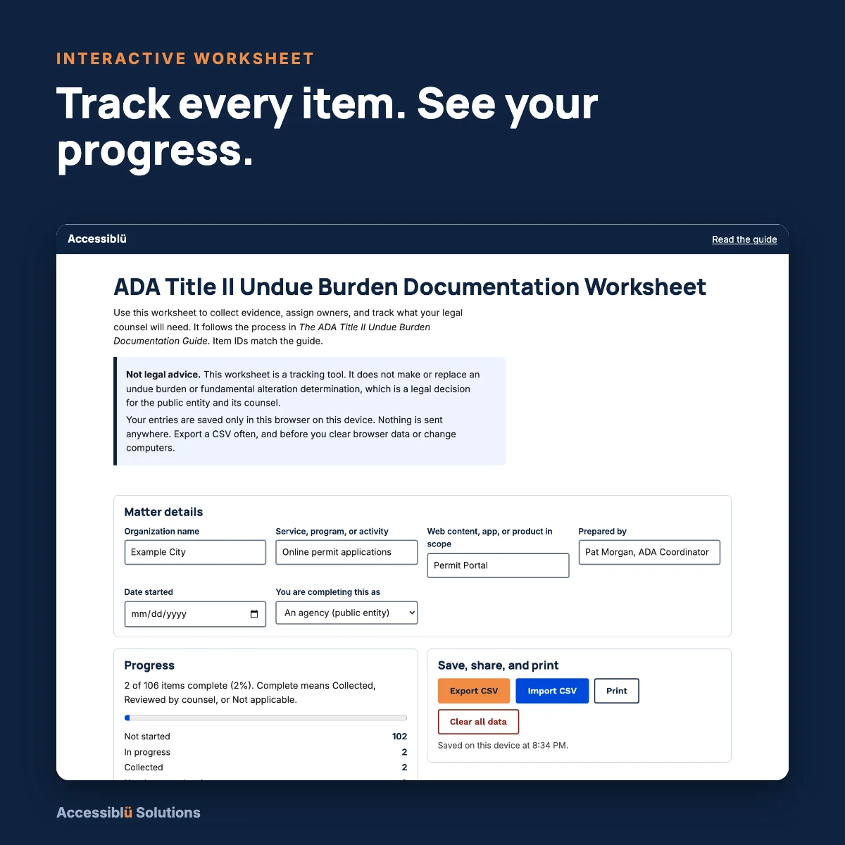 Screenshot of the interactive Undue Burden worksheet: matter details filled in with sample entries, a progress panel showing 2 of 106 items complete, and Export CSV, Import CSV and Print buttons.